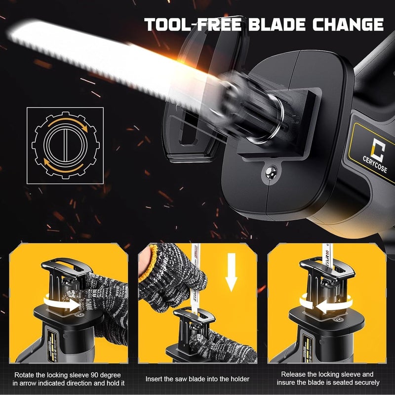 Cerycose Cordless Reciprocating Saw Compatible with DeWalt 20V Battery, Brushless motor, Variable Speed 0-3000 Spm, Tool Free Blade Change, 4 Saw Blades for Wood/Metal/PVC Cuts (NO Battery) - Image 4